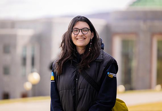 Karina Syrota ’26 in front of Marist Rotunda. Photo by Nelson Echeverria/Marist College. 